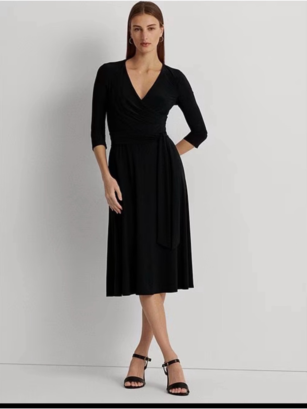 Wrap Front V-Neck 3/4 Sleeve Jersey Machine Washable Midi Dress